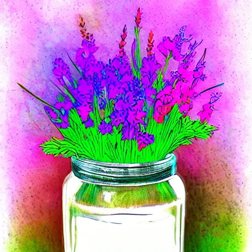 Prompt: a jar with a variety of beautiful plants inside, digital art, awards winning, colorful, vibrant