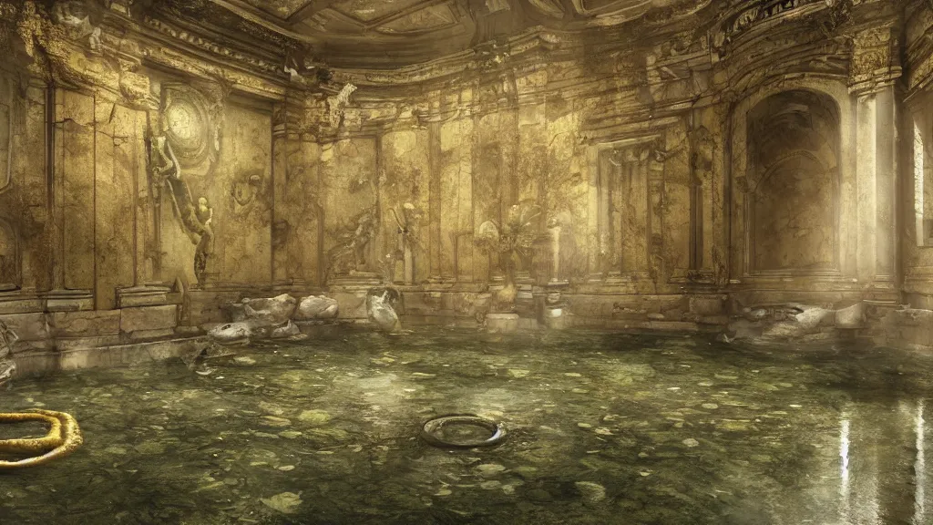 Image similar to golden snakes, marblefloor, roman bath, moss, ruin, godrays, cgsociety,