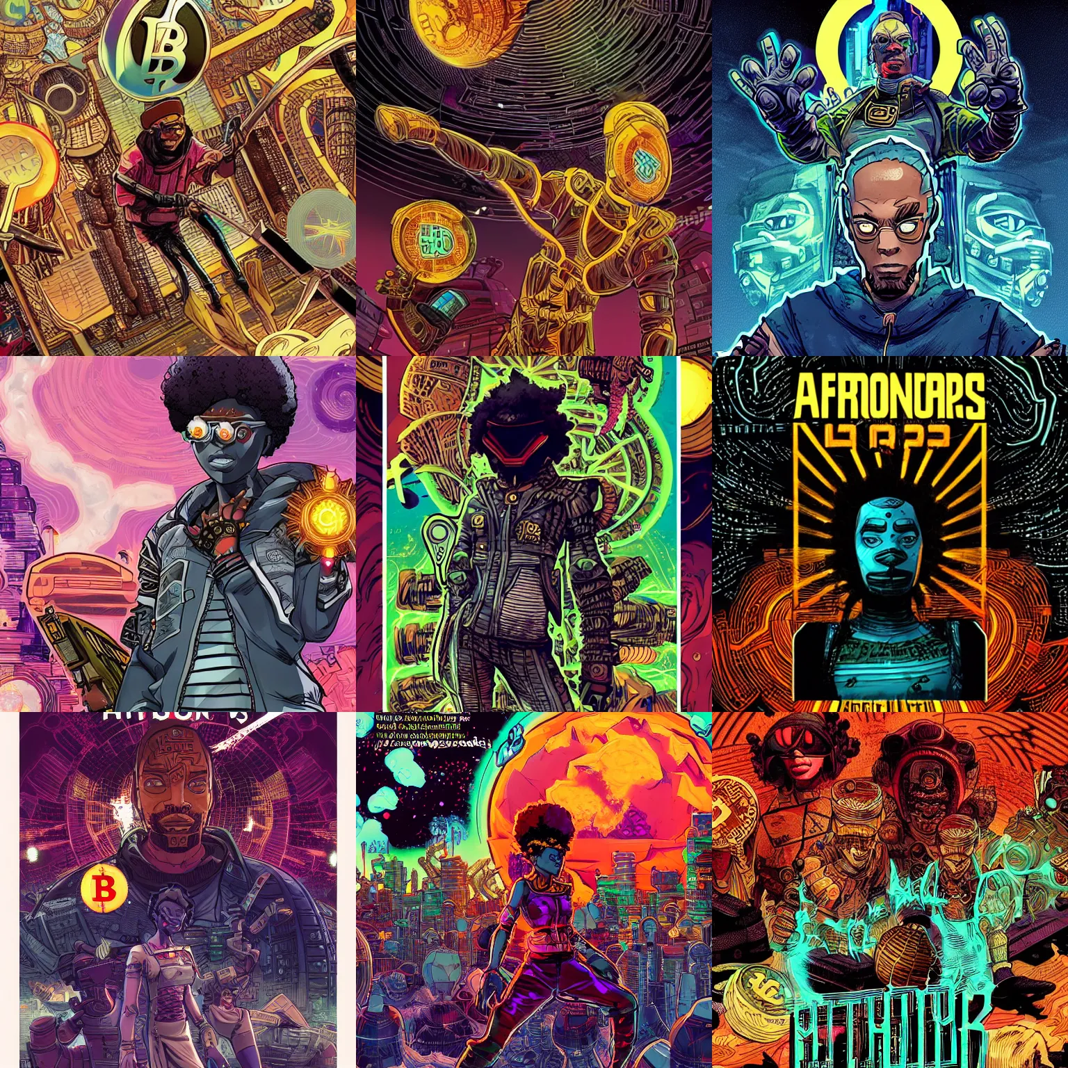 Prompt: afrofuturism, bitcoin that looks like it is from borderlands and by feng zhu and loish and laurie greasley, victo ngai, andreas rocha, john harris