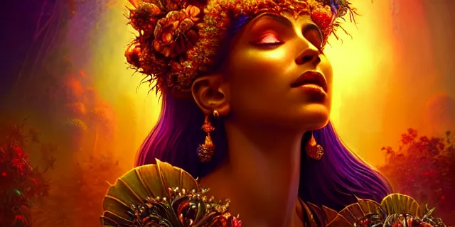 Image similar to Beautiful 3d render of the flower queen goddess in a sensual pose, atmospheric lighting, painted, intricate, volumetric lighting, beautiful, rich deep colours masterpiece, golden hour, sharp focus, ultra detailed, in the style of Dan Mumford and marc simonetti, with a crowded futuristic cyberpunk city in the background, astrophotgraphy