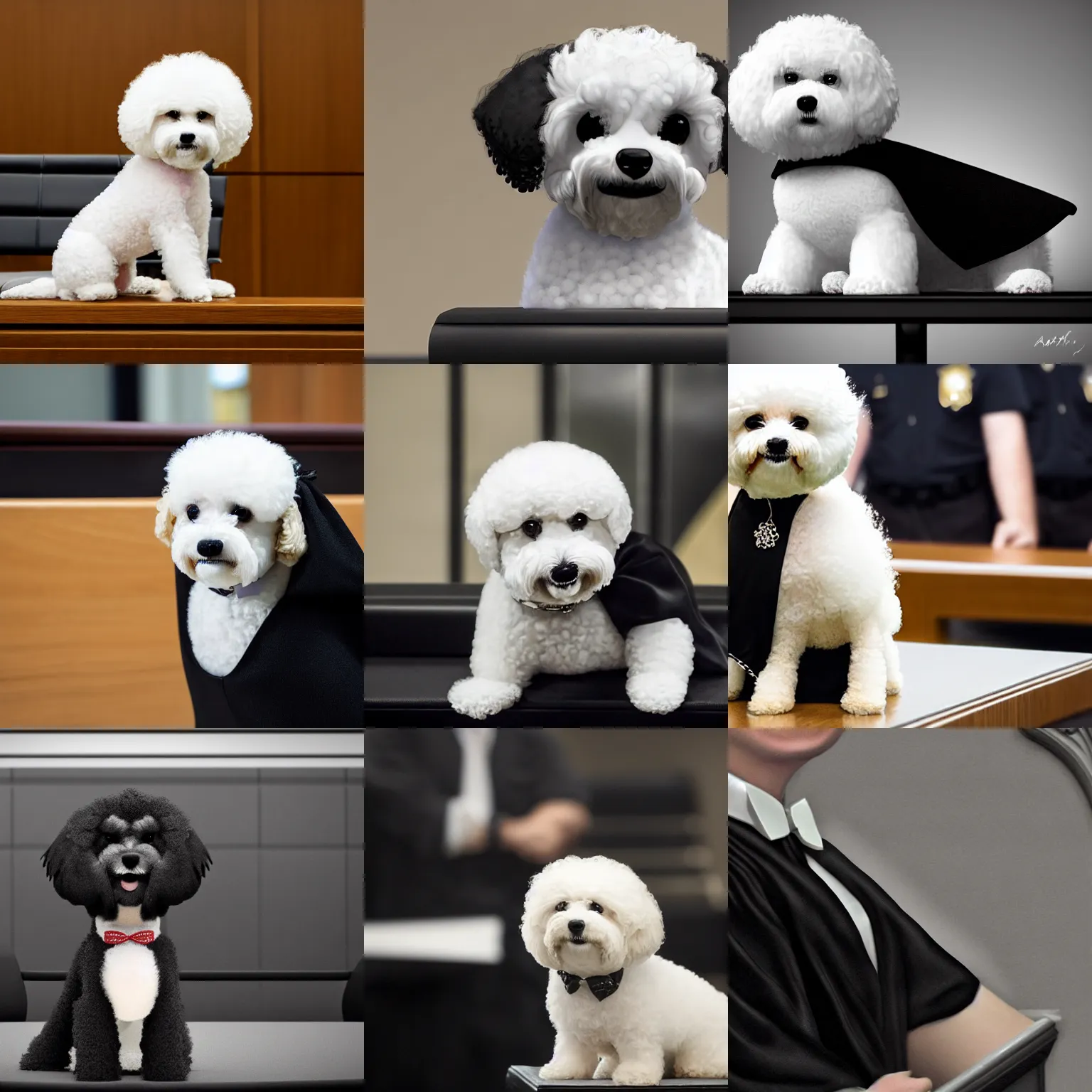 Prompt: a closeup photorealistic illustration of a smiling bichon frise judge puppy wearing a black gown at the bench and commanding the courthouse. this 4 k hd image is trending on artstation, featured on behance, well - rendered, extra crisp, features intricate detail, epic composition and the style of unreal engine.