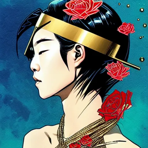 Prompt: portrait of japanese woman :: side profile :: in ocean :: clockwork details :: gold :: blood and roses :: by MARVEL comics and Sandra Chevrier