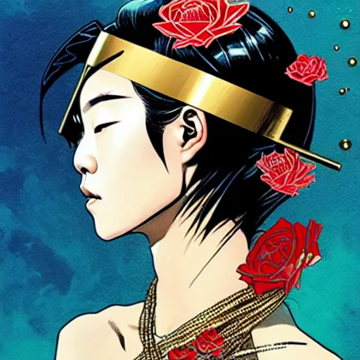 Image similar to portrait of japanese woman :: side profile :: in ocean :: clockwork details :: gold :: blood and roses :: by MARVEL comics and Sandra Chevrier