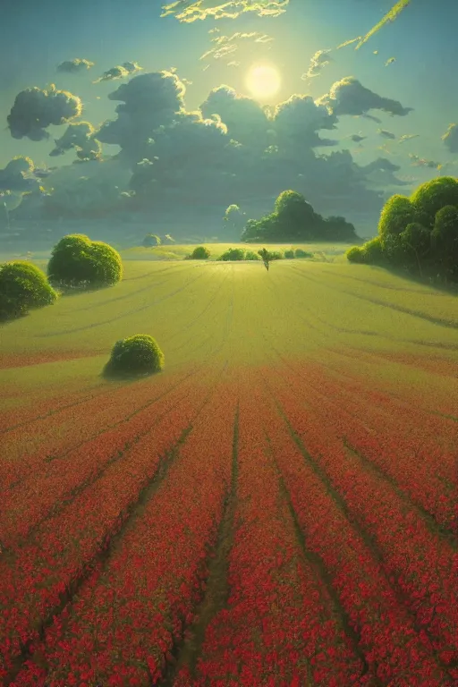 Image similar to a sour cherry field by david a hardy, noriyoshi ohrai, gary ruddell, ( greg rutkowski ), salvador dali, moebius, makoto shinkai, highly detailed, cinematic composition, trending on artstation