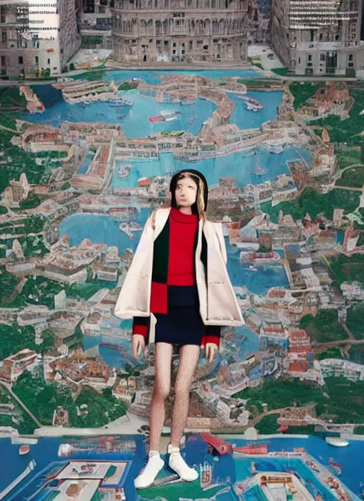 Prompt: a beautiful girl in a gucci sweater is creating a new city photographed by maurizio cattelan and pierpaolo ferrari with the art direction of micol talso for toiletpaper magazine