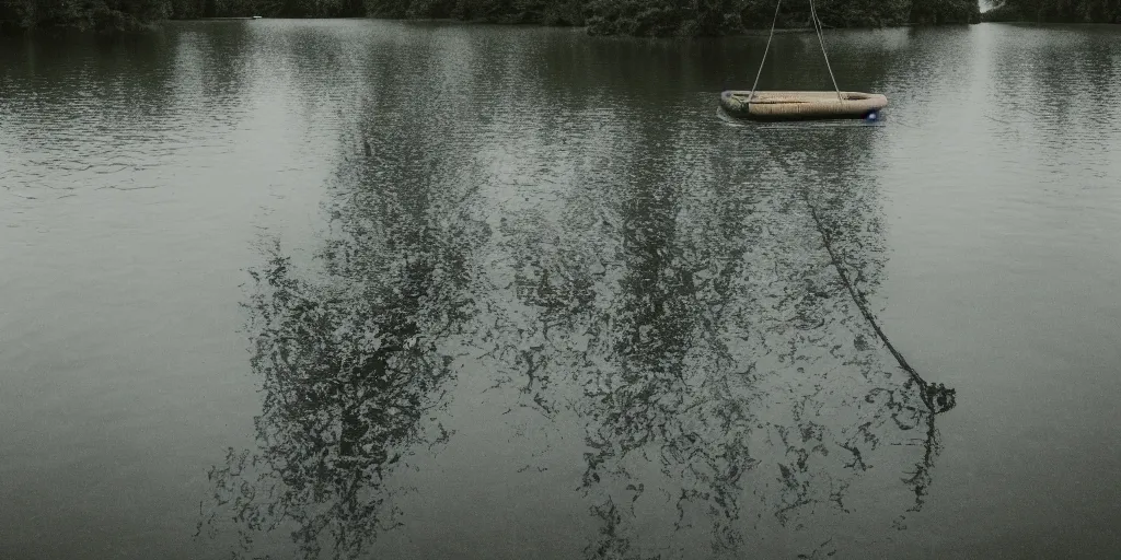 Image similar to centered photograph of a long rope snaking across the surface of the water, floating submerged rope stretching out towards the center of the lake, a dark lake on a cloudy day, mood, trees in the background, anamorphic lens, 4 k