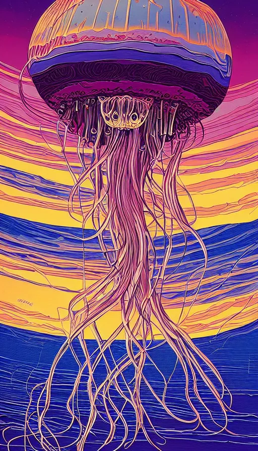 Image similar to The jellyfish of the sunset sky, italian futurism, Dan Mumford, da vinci, Josan Gonzalez