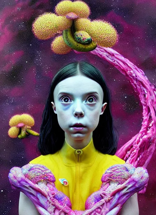 Prompt: hyper detailed 3d render like a Oil painting - kawaii portrait Aurora (an astronaut girl with suit like a skeksis from dark crystal that looks like millie bobby brown and Krysten Ritter) seen Eating of the Strangling network of yellowcake aerochrome and milky Fruit and His delicate Hands hold of gossamer polyp blossoms bring iridescent fungal flowers whose spores black the foolish stars by Jacek Yerka, Ilya Kuvshinov, Mariusz Lewandowski, Houdini algorithmic generative render, Abstract brush strokes, Masterpiece, Edward Hopper and James Gilleard, Zdzislaw Beksinski, Mark Ryden, Wolfgang Lettl, hints of Yayoi Kasuma, octane render, 8k