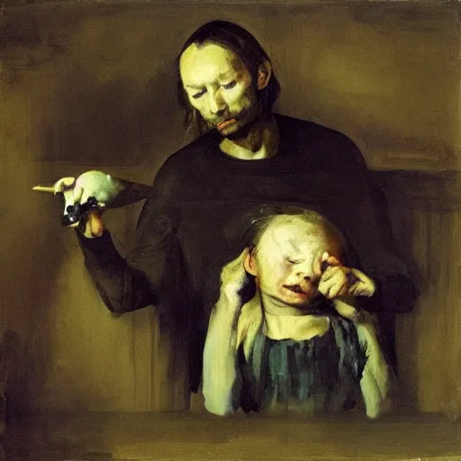 Prompt: thom yorke from radiohead devours his son, goya painting