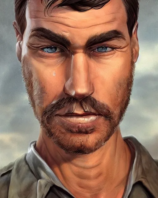 Image similar to 🥺😰 portrait of muscular, tired and alcoholic 3 0 - year - old handsome man with short darkblonde hair, serious sad look in his eyes, dirty beard, blue eyes, crying, wearing dirty soldier uniform, on the desert, hyper realistic face, beautiful eyes, character art, art by mark brooks, hyperdetailed, cryengine, trending on artstation, digital art