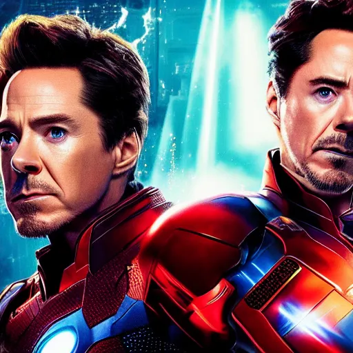 Prompt: benedict cumberbatch and robert downey jr fight eye lasers, marvel poster, 4 k, 8 k