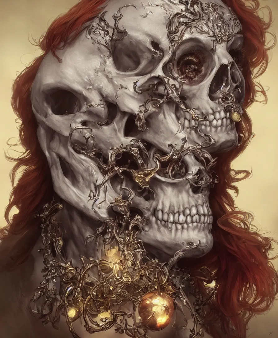 Prompt: Hyperrealistic close-up portrait of skull clown, D&D, fantasy, intricate, elegant, highly detailed, digital painting, trending artstation, concept art, smooth, sharp focus, illustration, art by artgerm and greg rutkowski and alphonse mucha