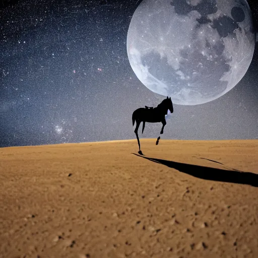 Image similar to a cowboy on horseback on the moon, earth in the distant sky, 5 0 mm