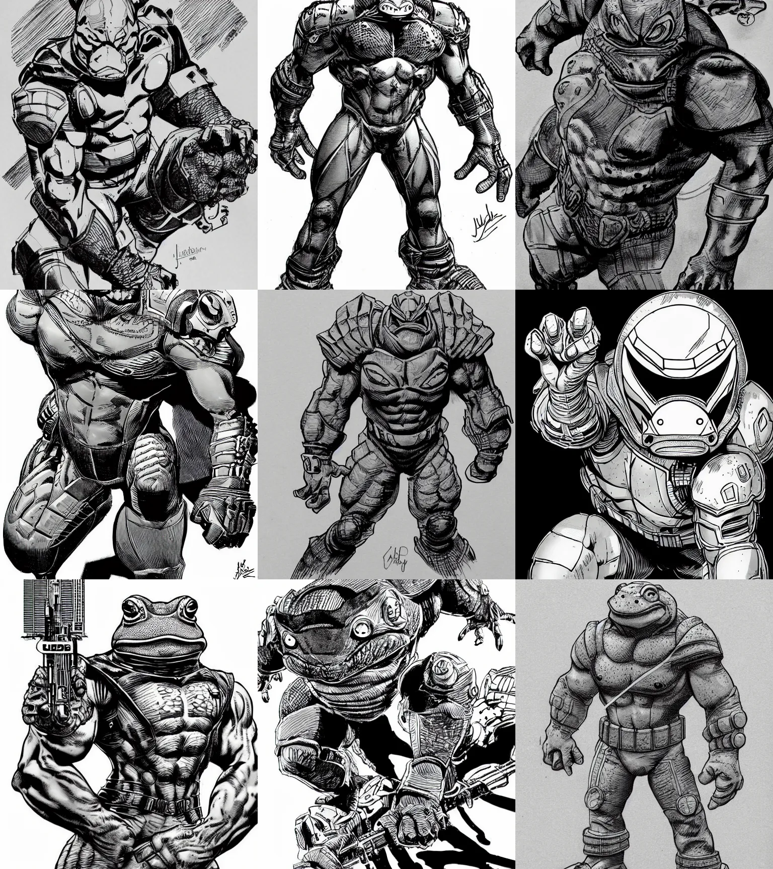 Image similar to toad animal!!! jim lee!!! medium shot!! flat grayscale ink sketch by jim lee close up in the style of jim lee, cyborg! armored hunter hulk toad animal looks at the camera by jim lee