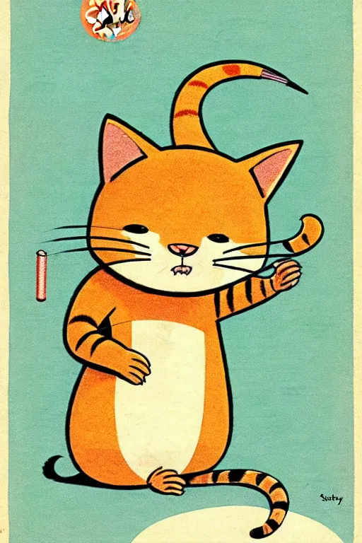 Image similar to by richard scarry. a cat mouse chimera. a 1 9 5 0 s retro illustration. studio ghibli. muted colors, detailed