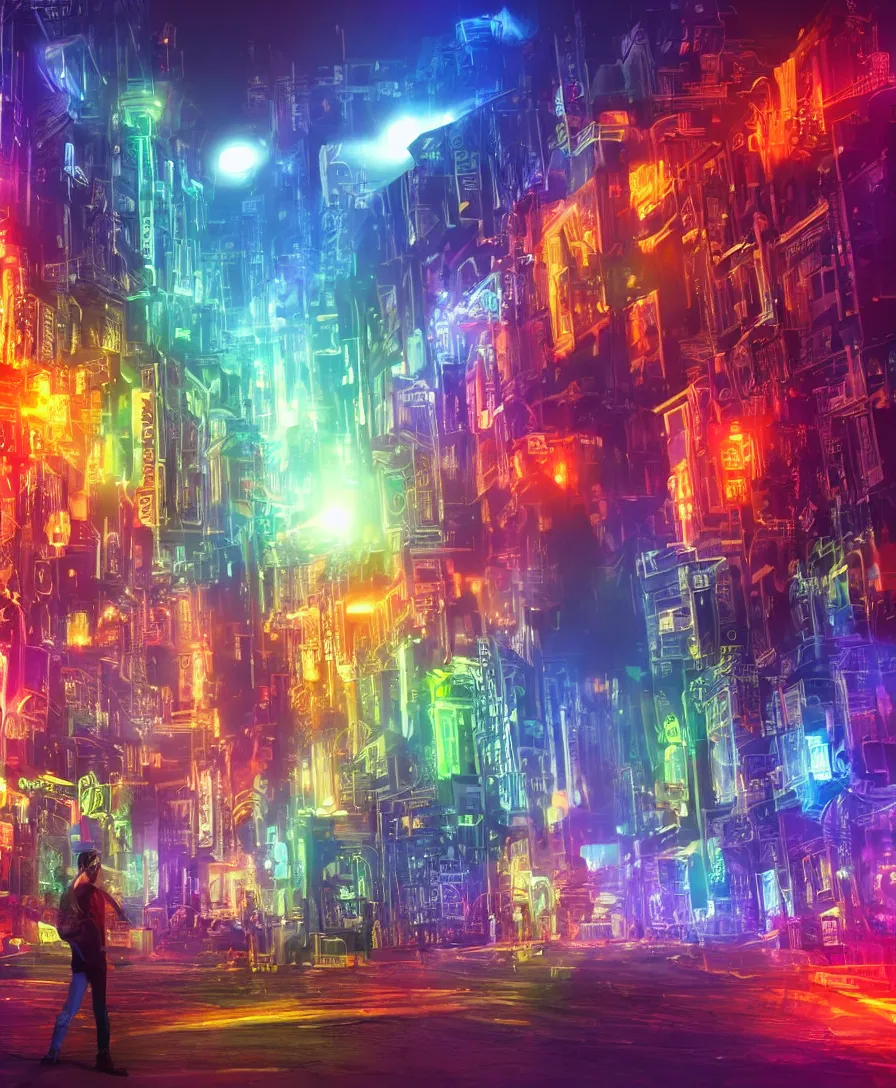 Prompt: an hd art of man performing magic in future colourful glowing city, highly detailed