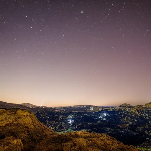 Image similar to beautiful landscape at night with andromeda galaxy clearly visible in the sky, highly detailed, sharp focus