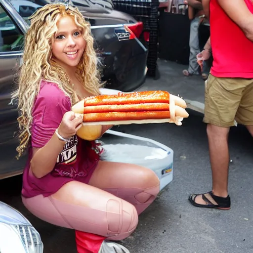 Prompt: Shakira selling street hot dogs