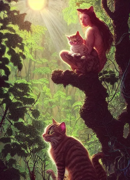 Image similar to a hyper realistic cat god with happy lighting and technology jewelry in the woods gorgeous lighting, sunbeams blue sky, lush forest foliage painting by chiara bautista and beksinski and norman rockwell and greg rutkowski weta studio, and lucasfilm