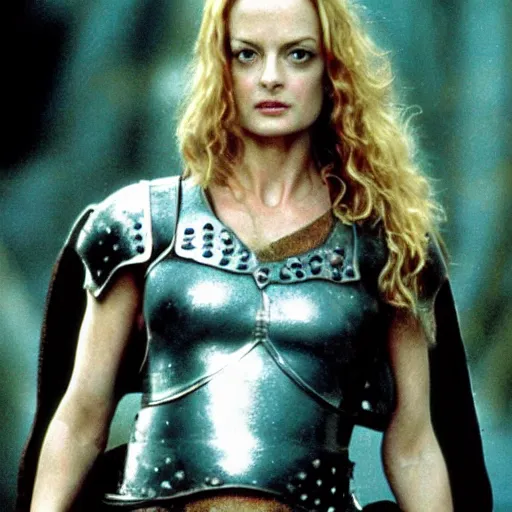 Image similar to heather graham, warrior princess, leather armor, movie still, film, triumphant pose