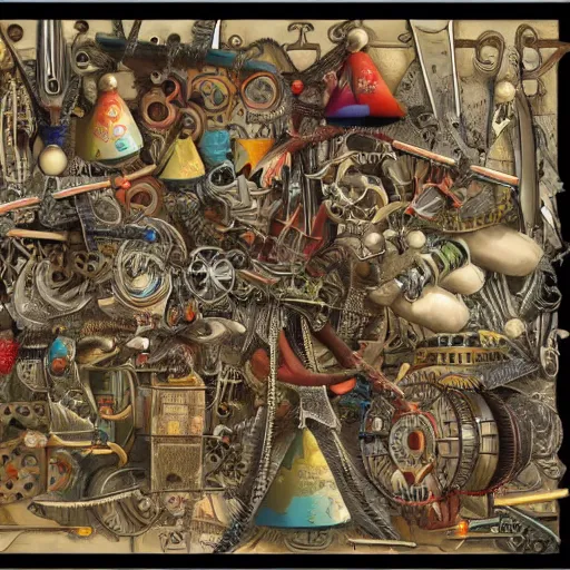 Image similar to a chaotic scene of many pairs of scissors and a crazy machine with lots of details and contraptions. the illustration is very detailed and intricate, with a lot of small elements that come together to create a cohesive whole. it uses a limited palette of colors, which helps to create a cohesive and unified look.