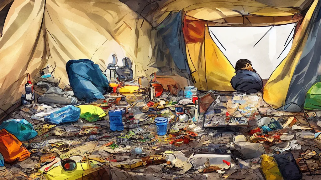 Image similar to an illustration of the inside of a messy camping tent, with a kid sitting in the corner, waste everywhere, high contrast, highly detailed, sharp focus, digital painting, illustration, trending on artstation,