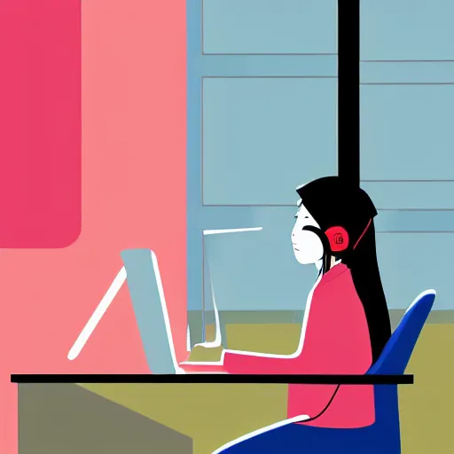 Image similar to illustration of female japanese student in profile, sat at her desk, her face lit by the computer screen, wearing headphones, japan, window, tokyo, neon lights outside , Hayao Miyazaki