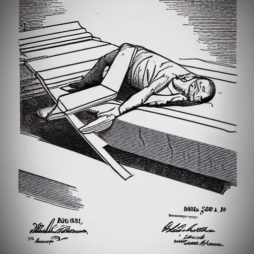 Image similar to sleeping man as a patent drawing. looking at camera. technical drawing. mathematical.