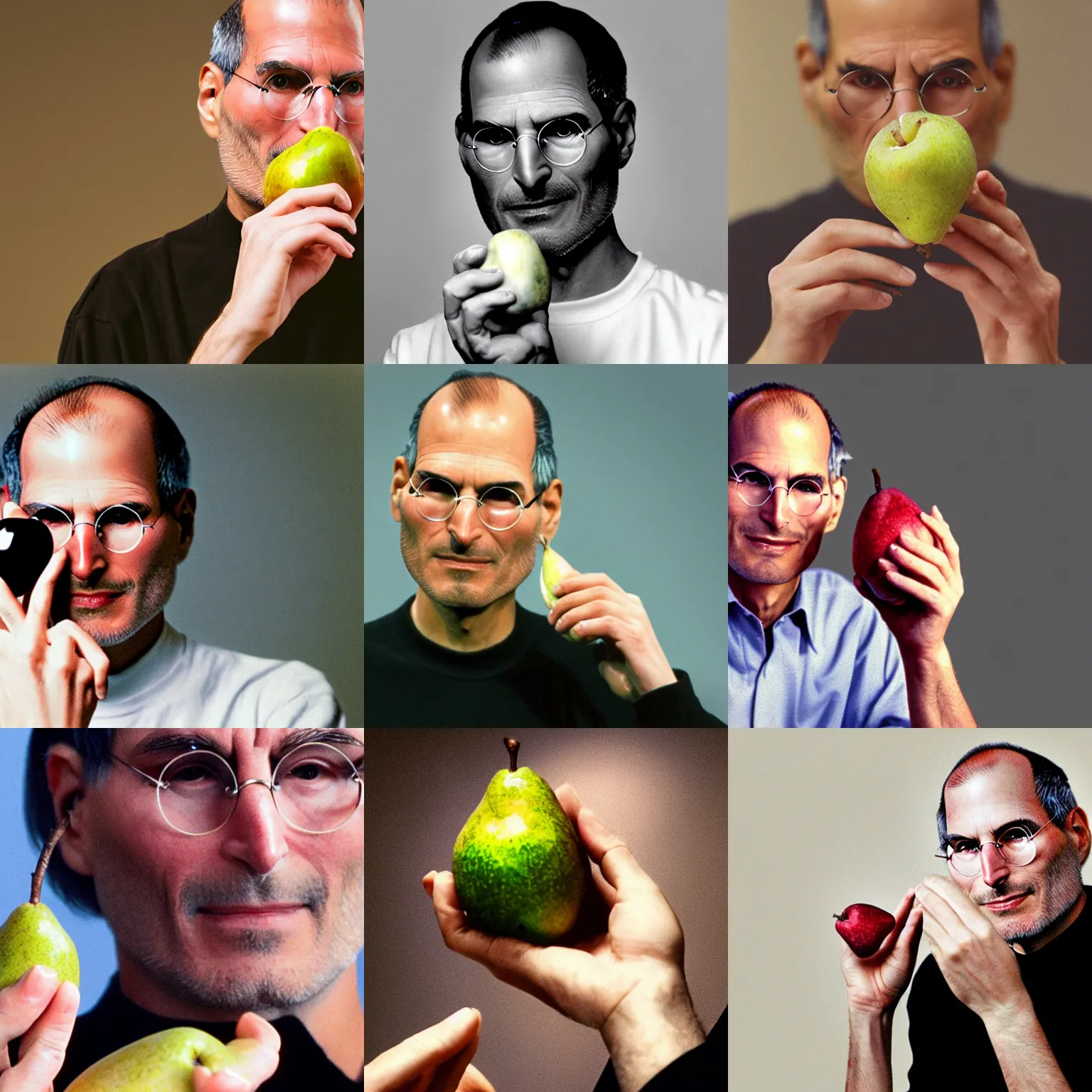 Prompt: Steven Paul Jobs holding a broken pear in deep thinking, realistic, 8k, photography, biology