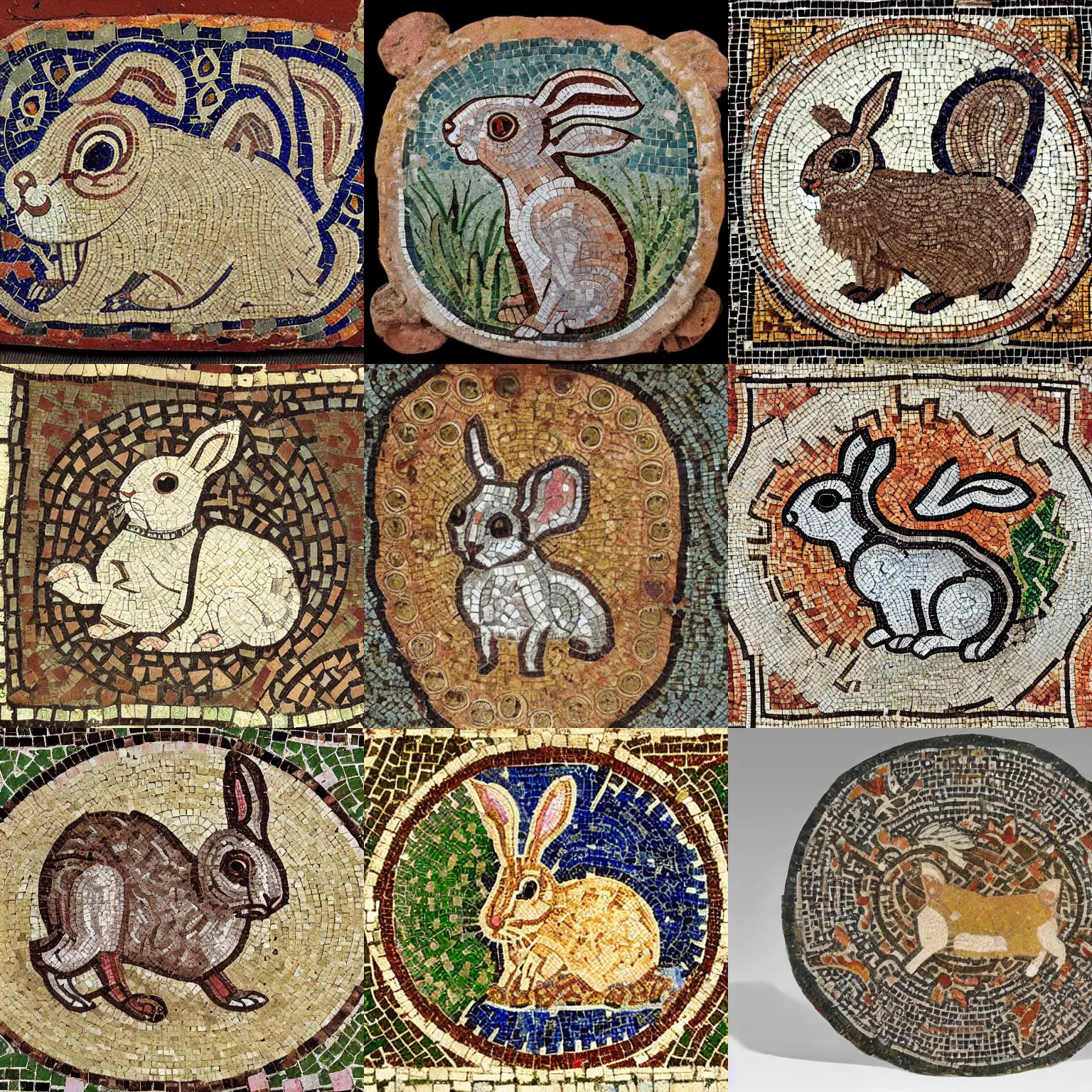 Prompt: a beautiful roman mosaic ornamentation of a cute rabbit, found in the ruins of pompeii