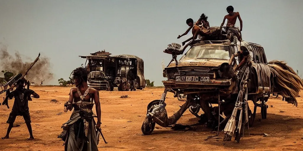 Image similar to sri lankan mad max style, film still, epic shot cinematography, rule of thirds