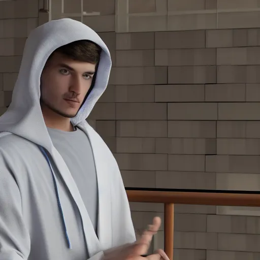 Prompt: a guy with blue eyes, he is in a white robe with a hood, he is looking at the laptop, he is working at the laptop, he has a pride expression on his face and a little smile, he is on a balcony of a hotel, it is raining outside, highly detailed, sharp focus, unreal engine 5, 8 k