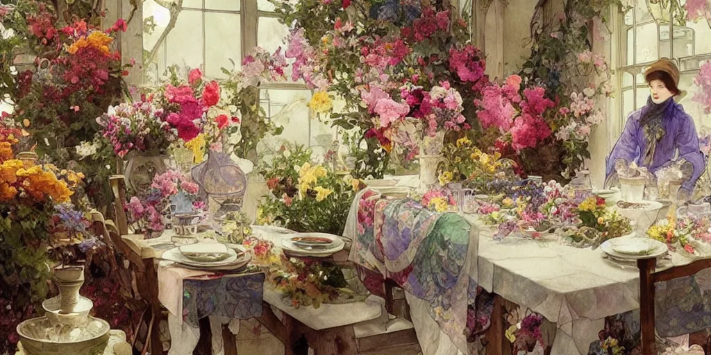 Prompt: a beautifull intricate watercolor painting of a diningroom with flowers, reflexions, verry high details, colorfull, by william turner art, by greg rutkowski, by alphonse mucha, by james jean, by rossdraws, by frank franzzeta, by sakimichan, trending on artstation, very very detailed, masterpiece,