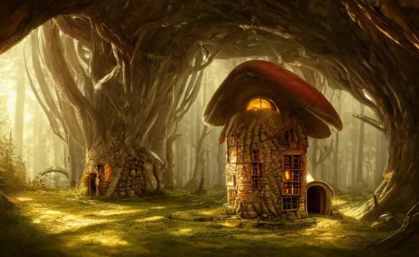 Prompt: A mushroom house in a tall mushroom, small door and windows in the mushroom, warm light coming from the windows, in a dark forest, macro, cool tones, underexposed, overecast, mysterious matte painting by greg rutkowski and marc simonetti and Ivan Shishkin, 4k