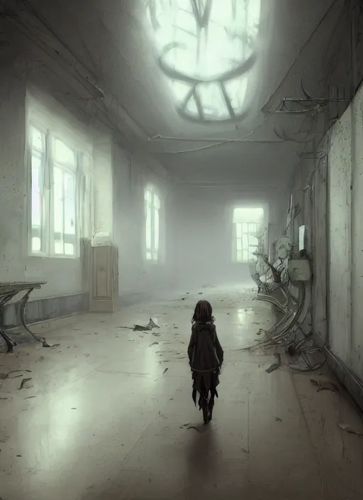 Image similar to interior of a haunted school corridor ghots flying around, art style by kim jung gi karl marx greg rutkowski ghibliklimt and nixeu and ian sprigger and wlop and krenz cushart, au naturel, hyper detailed, digital art, trending in artstation, cinematic lighting, studio quality, smooth render, unreal engine 5 rendered, octane rendered