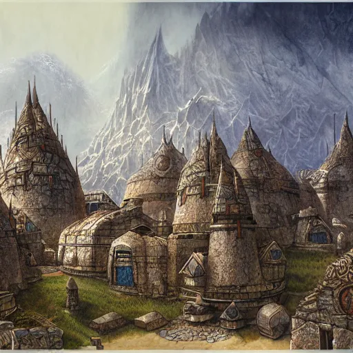 Image similar to a dwarven city in the mountains, by john howe