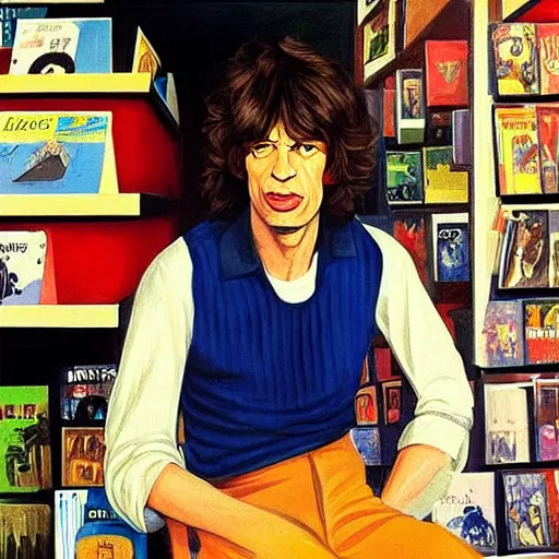 Image similar to a portrait painting of mick jagger working in a record store in 1 9 6 9, artistic, in the style of edward hopper