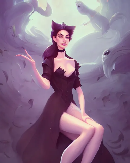 Image similar to a portrait of a beautiful full body Anne Hathaway witch, art by lois van baarle and loish and ross tran and rossdraws and sam yang and samdoesarts and artgerm, digital art, highly detailed, intricate, sharp focus, Trending on Artstation HQ, deviantart, unreal engine 5, 4K UHD image