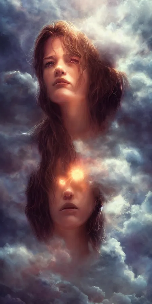 Image similar to a lost soul in the clouds, portrait, epic shot, very detailed, by artgerm, julie bell, beeple and Greg Rutkowski, airbrush, fantasy, 90s, Smooth gradients, octane render, 8k, High contrast, depth of field, very coherent symmetrical artwork