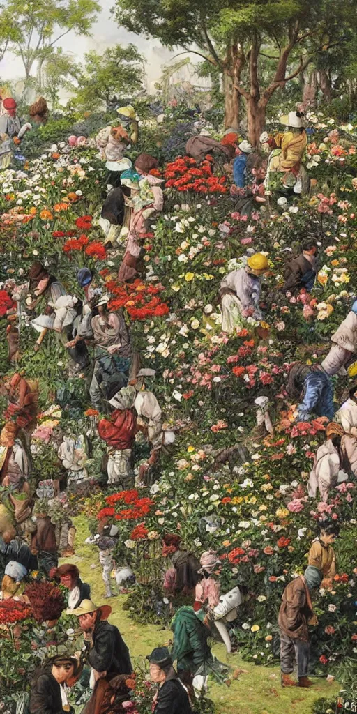 Image similar to oil painting scene from gardeners crowd in the flower garden by kim jung gi
