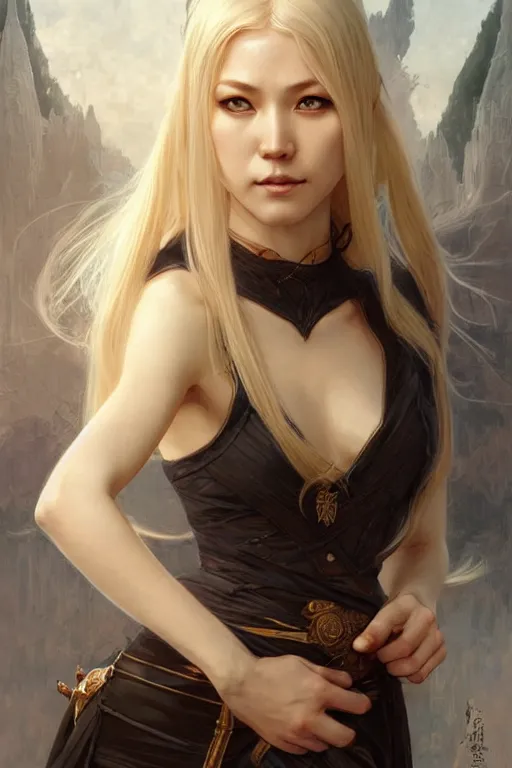 Prompt: portrait of an asian blonde elven mage, dark, piercing eyes, gentle expression, elegant clothing, photorealistic, highly detailed, artstation, smooth, sharp focus, art by michael whelan, artgerm, greg rutkowski and alphonse mucha