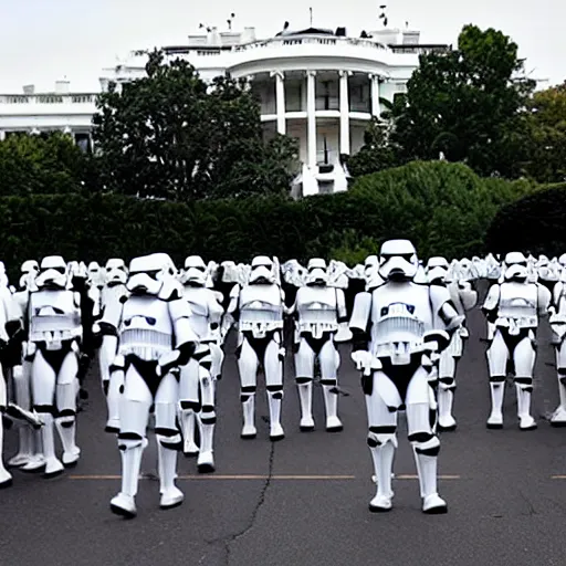 Image similar to a still candid image of hundreds of star wars stormtropers rioting in front of a the white house in washington.!!!, flaming torches and pitchforks