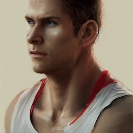 Image similar to Portrait of a man by Greg Rutkowski, he is about 30 years old, short blond hair, athletic and strong, straight jaw, wearing red tank top, older brother vibes, highly detailed portrait, digital painting, artstation, concept art, smooth, sharp foccus ilustration, Artstation HQ.