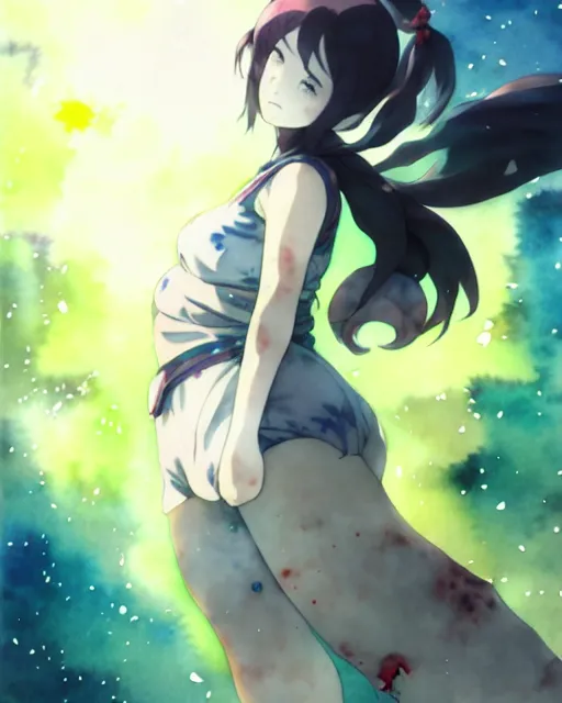 Prompt: oriental water color of a cute thicc damaged zombie woman, floating through space, backlit, by makoto shinkai and krenz cushart