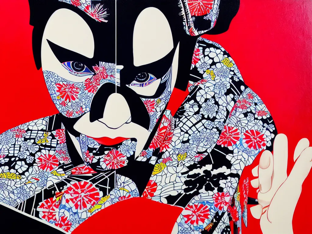 Image similar to hyperrealism composition of the detailed woman in a japanese kimono sitting at an extremely detailed poker table with darth vader, fireworks on the background, pop - art style, jacky tsai style, andy warhol style, acrylic on canvas