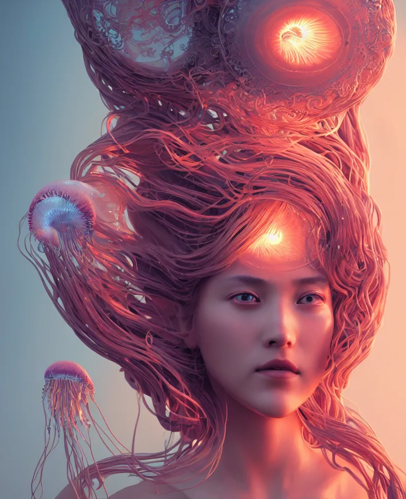 Image similar to goddess portrait. jellyfish phoenix head. intricate artwork by Tooth Wu and wlop and beeple. octane render, trending on artstation, greg rutkowski very coherent symmetrical artwork. cinematic, hyper realism, high detail, octane render, 8k