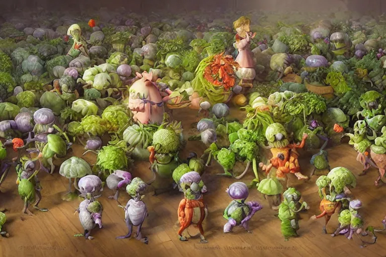 Image similar to miniature vegetable creatures parade. the floor is a cutting board. kitchen environment. digital art, realistic, pixar style, highly detailed, cinematic, matte painting, vivid colors, realistic, epic, low angle, lighting, by greg rutkowski and artgerm and alphonse mucha