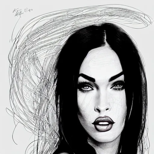 Prompt: “Megan Fox, portrait!!! Portrait based on doodles, scribbled lines, sketch by Liz Y Ahmet monochrome, concept Art, ultra detailed portrait, 4k resolution”