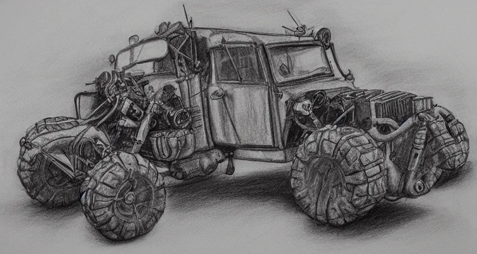 Prompt: graphite drawing of a stylized cartoony fury road car