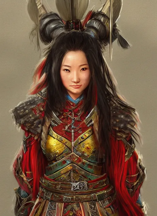 Image similar to chinese warrior hair curtains, looking down, dndbeyond, bright, colourful, realistic, dnd character portrait, full body, pathfinder, pinterest, art by ralph horsley, dnd, rpg, lotr game design fanart by concept art, behance hd, artstation, deviantart, hdr render in unreal engine 5